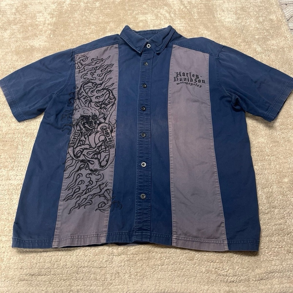 Harley-Davidson Skullflame Gothic Lettering Embroidered Short Sleeve Shirt LG